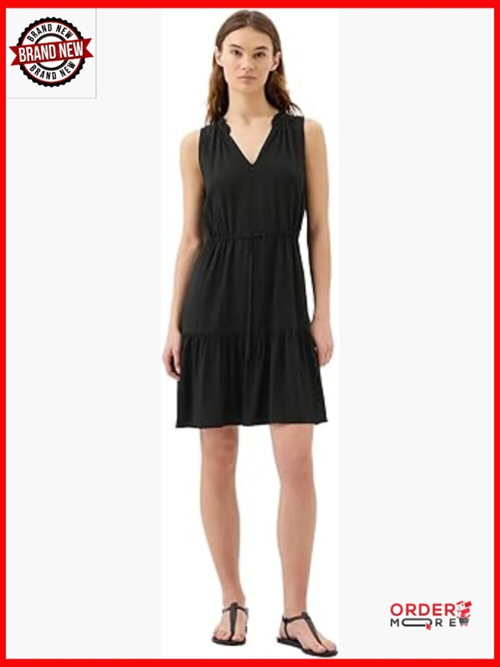 Sleeveless Split Neck Dress with Ruffle Trim and Tie Waist